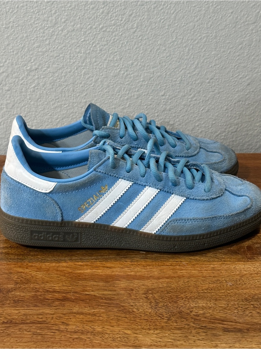adidas Samba Suede Sneakers in Sky Blue & White with Brown Gum Sole